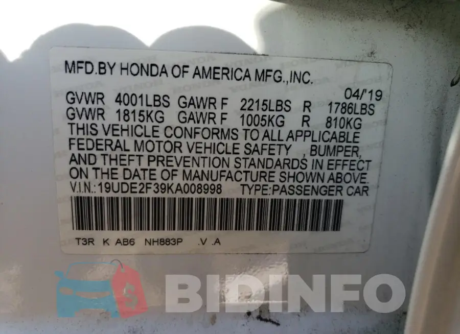 19UDE2F39KA008998 Photo# 13