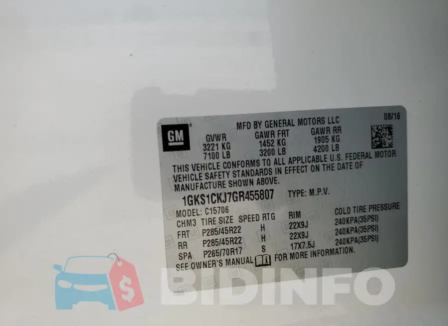 1GKS1CKJ7GR455807 Photo# 14