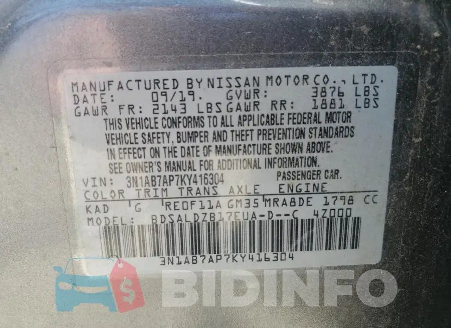 3N1AB7AP7KY416304 Photo# 13