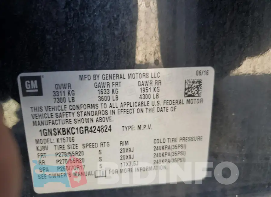 1GNSKBKC1GR424824 Photo# 13