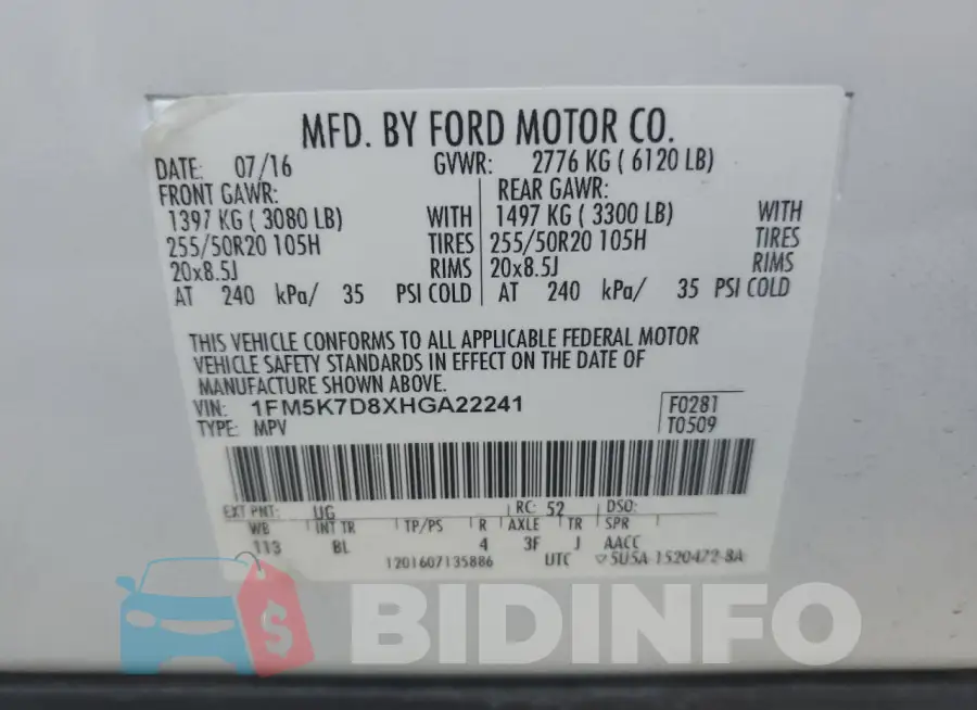 1FM5K7D8XHGA22241 Photo# 13