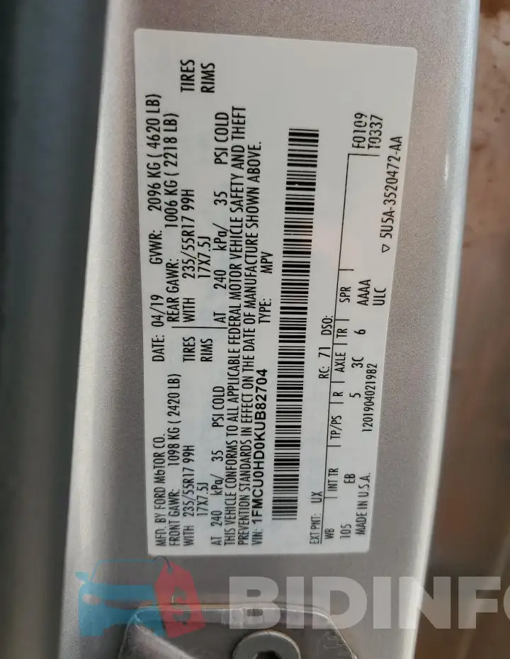 1FMCU0HD0KUB82704 Photo# 13