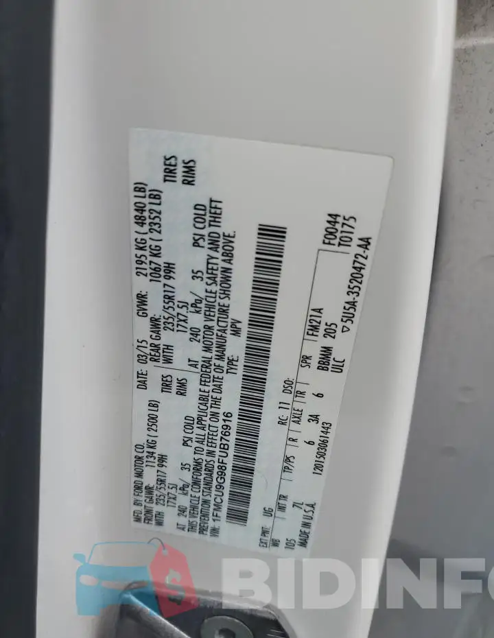 1FMCU9G98FUB76916 Photo# 13
