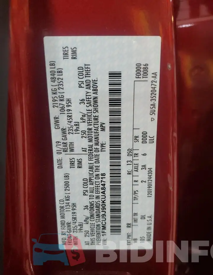 1FMCU9J90KUA84718 Photo# 13
