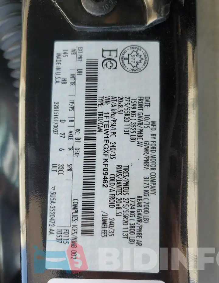 1FTEW1EGXFKF09462 Photo# 12