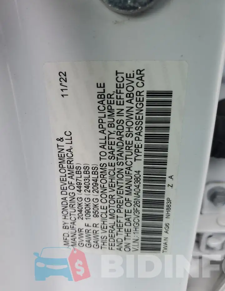 1HGCV3F26NA043804 Photo# 12