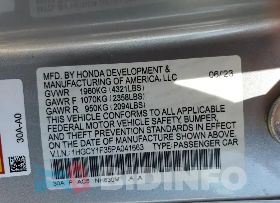 1HGCY1F35PA041663 Photo# 12
