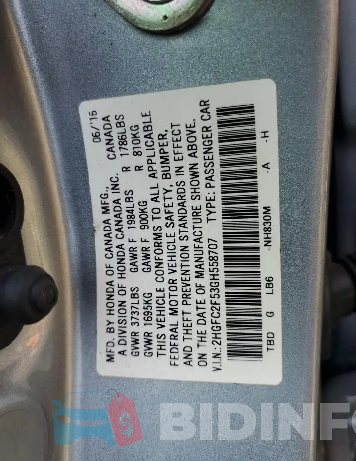 2HGFC2F53GH558707 Photo# 12