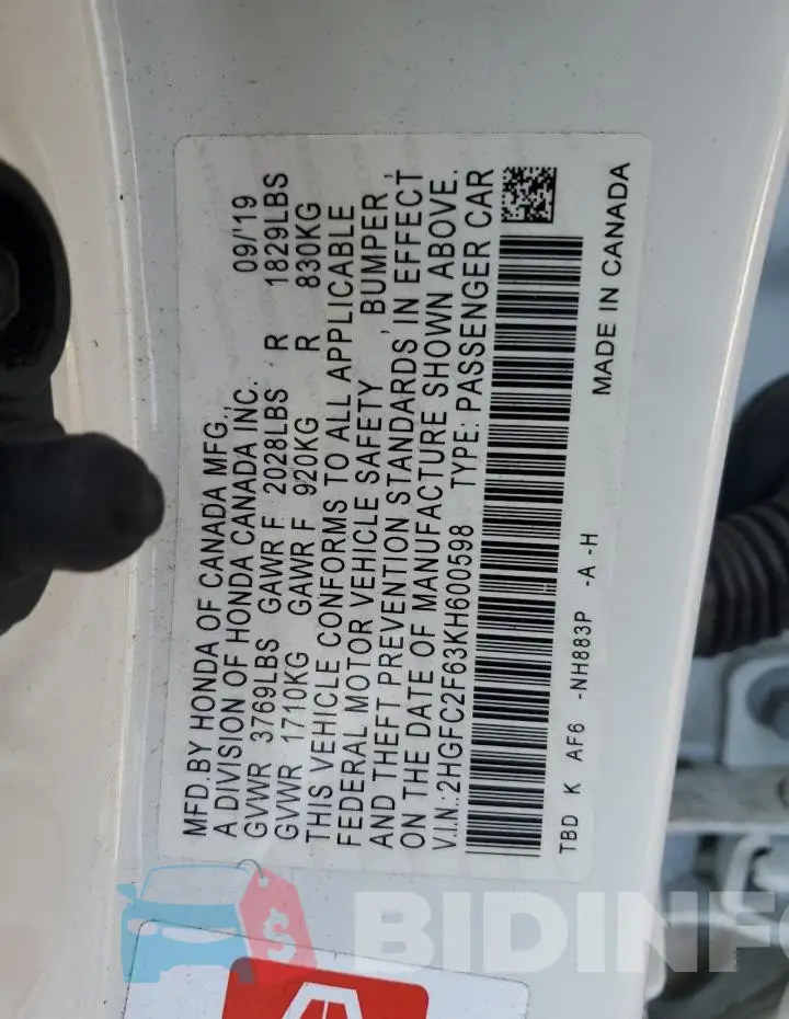 2HGFC2F63KH600598 Photo# 12