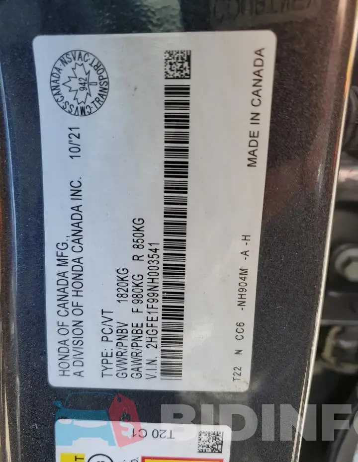 2HGFE1F99NH003541 Photo# 12