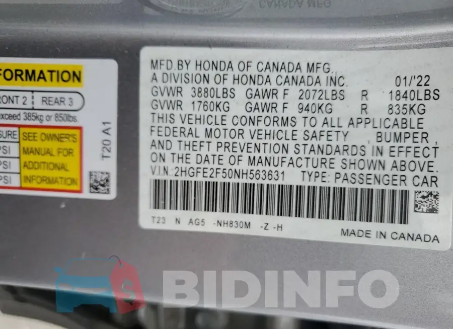 2HGFE2F50NH563631 Photo# 13