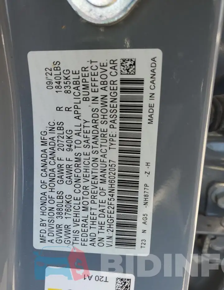 2HGFE2F54NH602057 Photo# 13