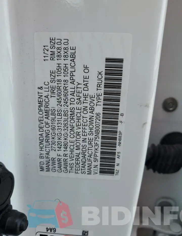 5FPYK3F75NB007206 Photo# 12