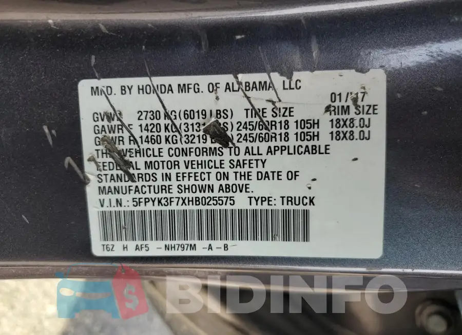 5FPYK3F7XHB025575 Photo# 12