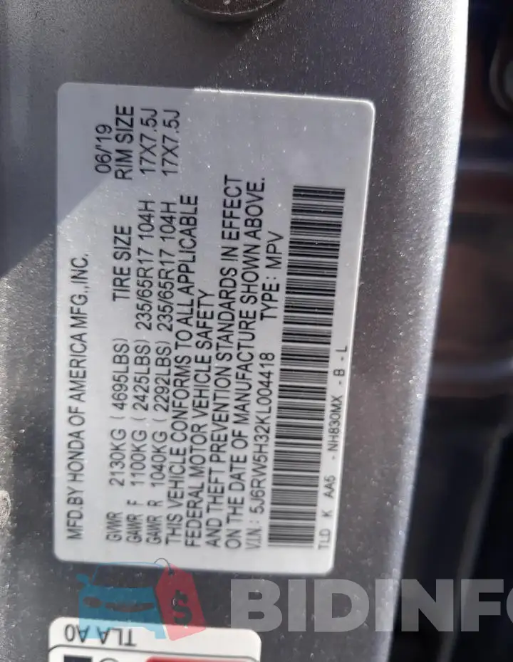5J6RW5H32KL004418 Photo# 13
