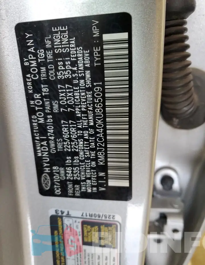 KM8J2CA40KU865091 Photo# 13