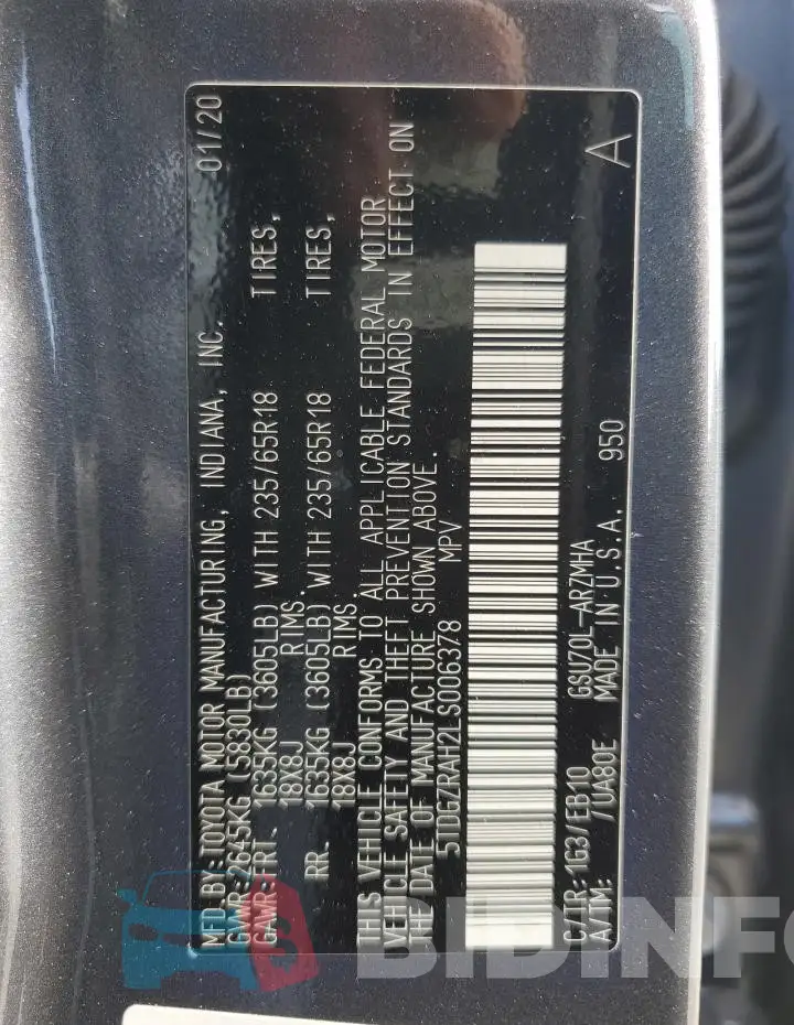 5TDGZRAH2LS006378 Photo# 13