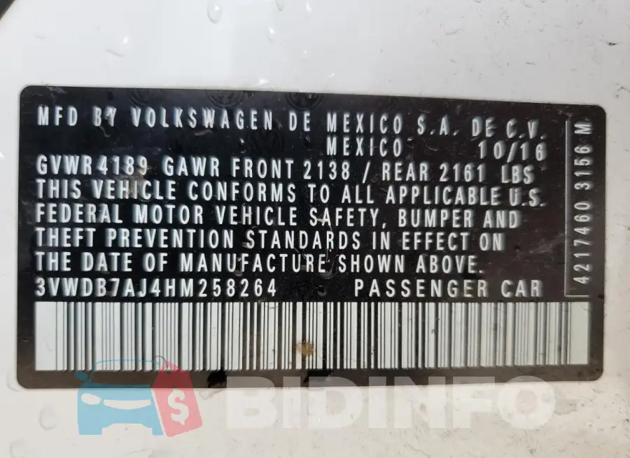 3VWDB7AJ4HM258264 Photo# 12