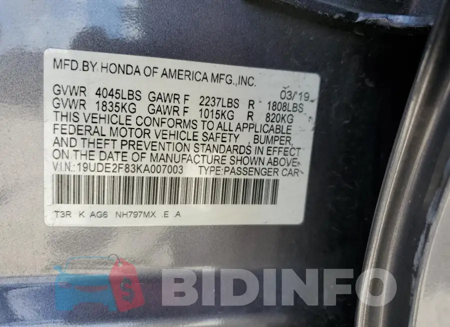 19UDE2F83KA007003 Photo# 12