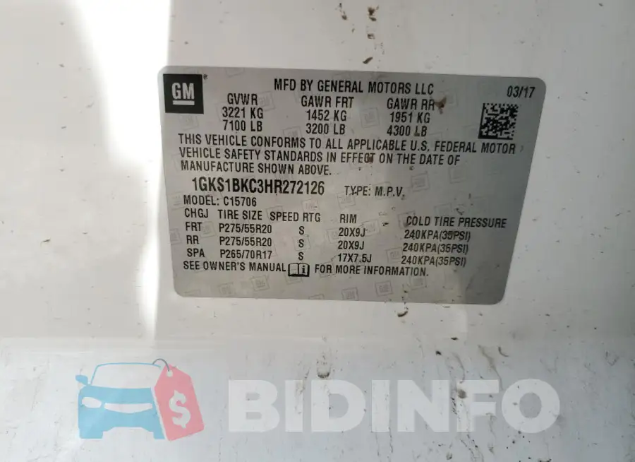 1GKS1BKC3HR272126 Photo# 13