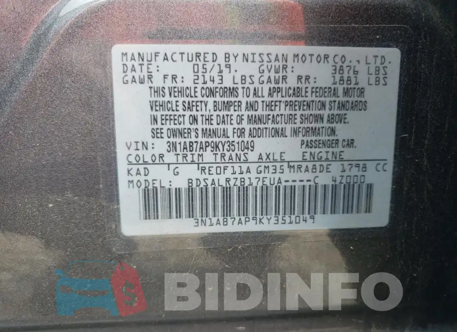 3N1AB7AP9KY351049 Photo# 12