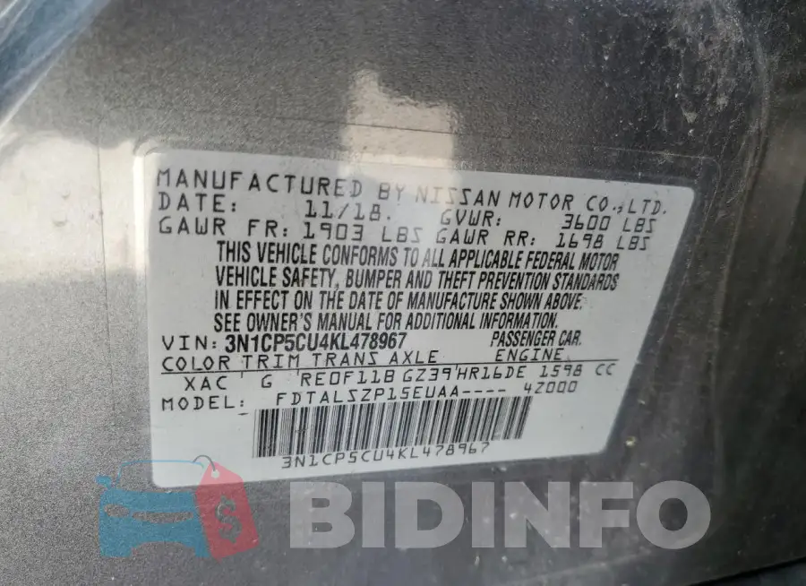 3N1CP5CU4KL478967 Photo# 14