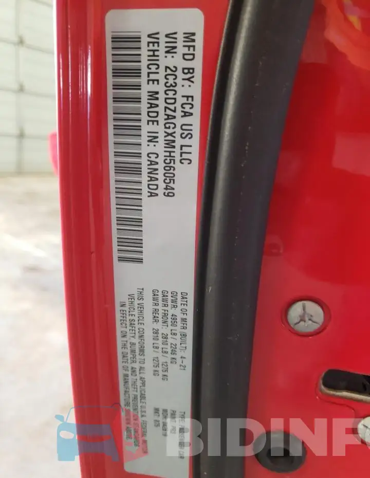 2C3CDZAGXMH560549 Photo# 13