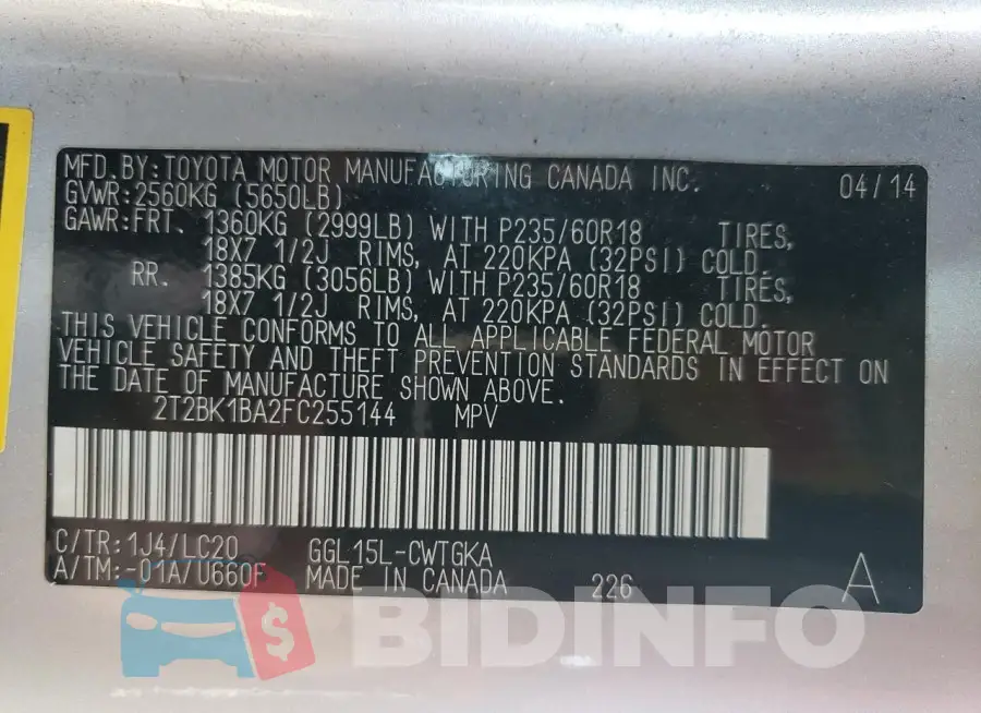 2T2BK1BA2FC255144 Photo# 13