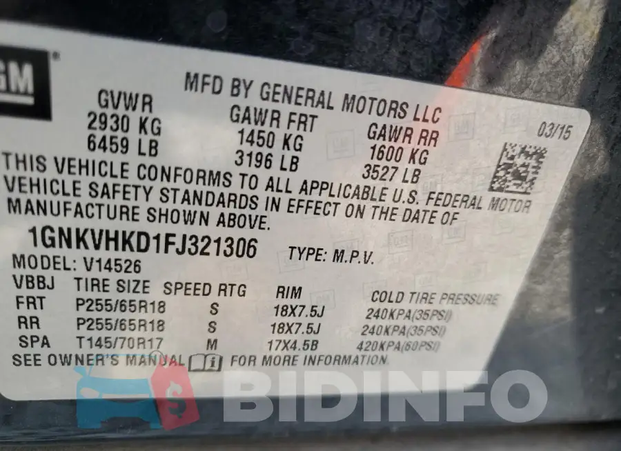 1GNKVHKD1FJ321306 Photo# 13