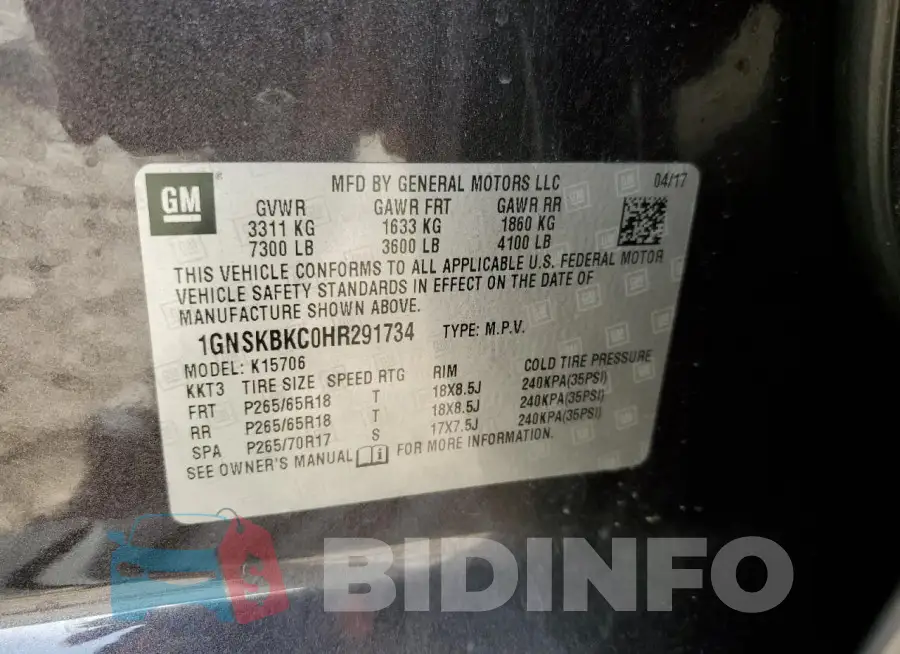 1GNSKBKC0HR291734 Photo# 13