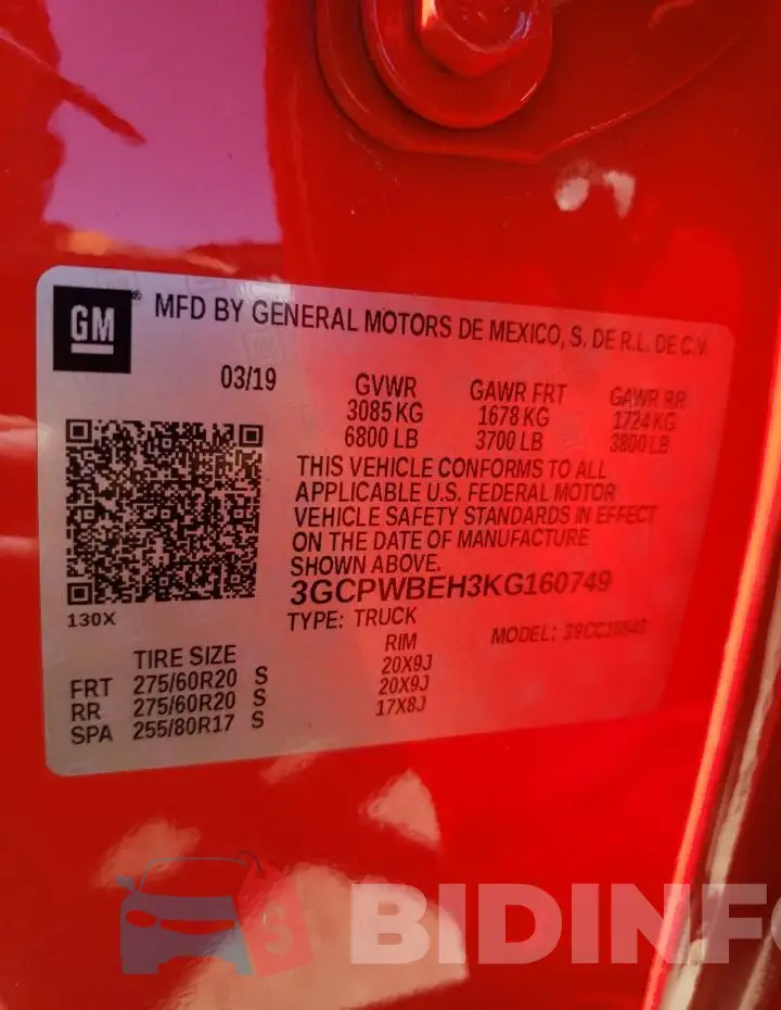3GCPWBEH3KG160749 Photo# 12