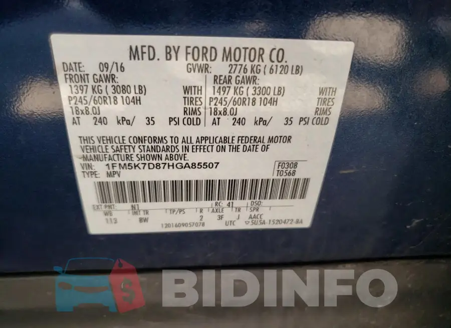 1FM5K7D87HGA85507 Photo# 13
