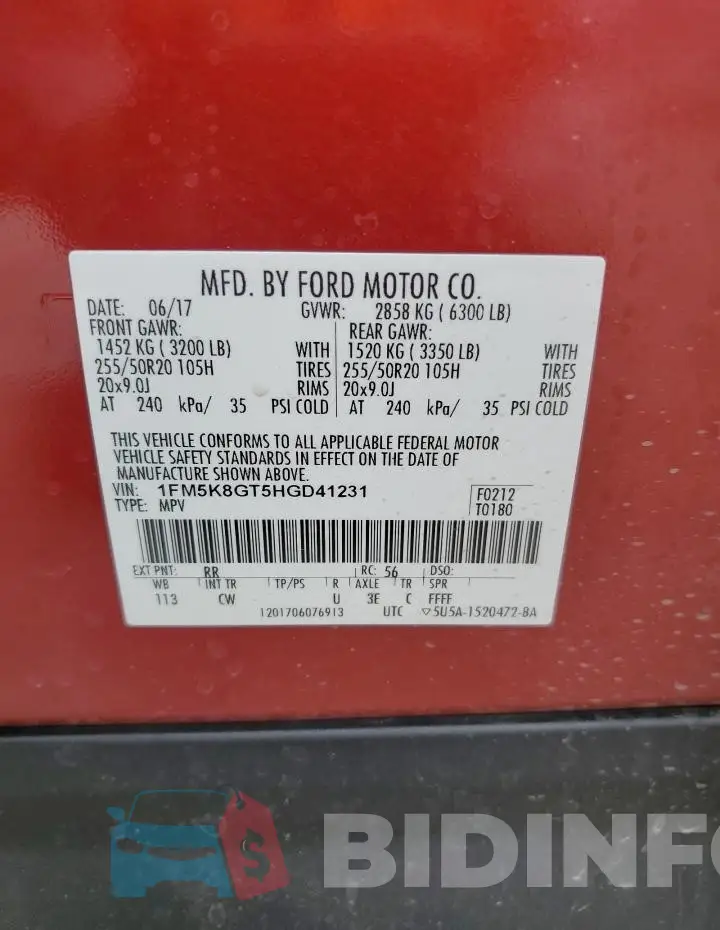 1FM5K8GT5HGD41231 Photo# 14
