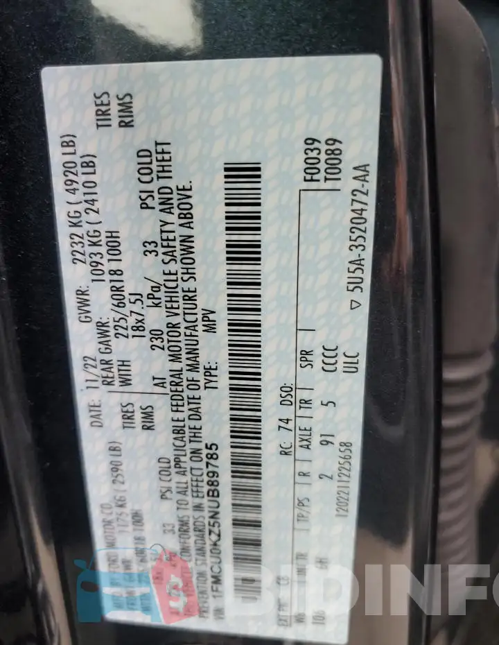 1FMCU0KZ5NUB89785 Photo# 12