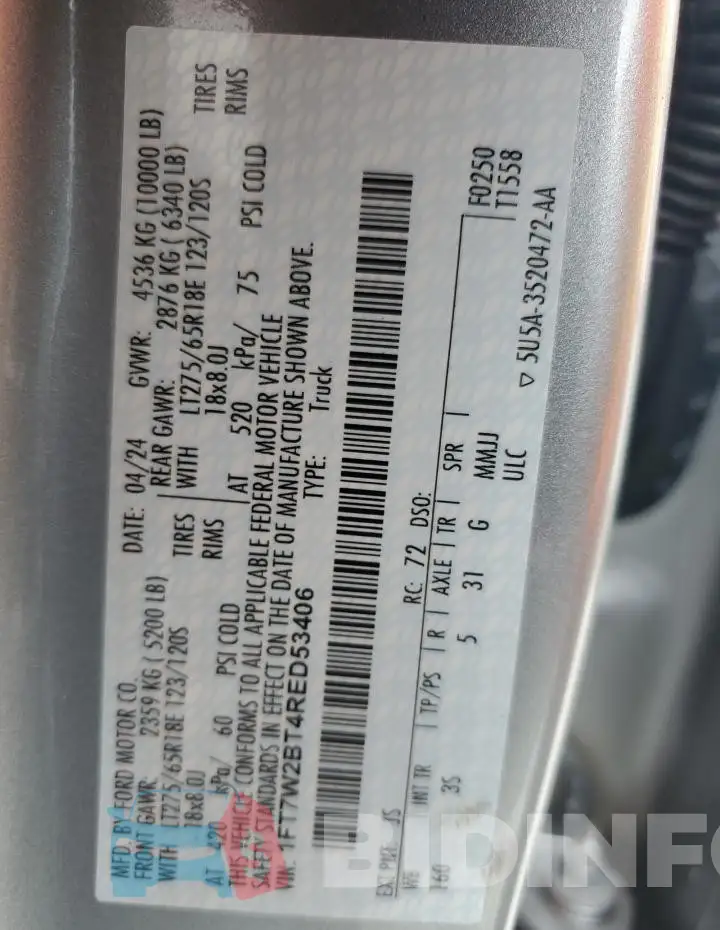1FT7W2BT4RED53406 Photo# 12