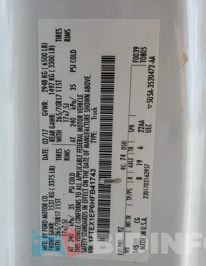 1FTEX1EP6HFB41743 Photo# 12