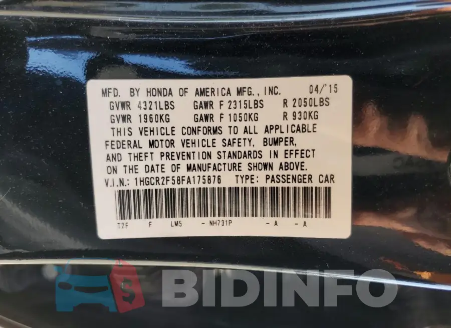 1HGCR2F58FA175876 Photo# 12