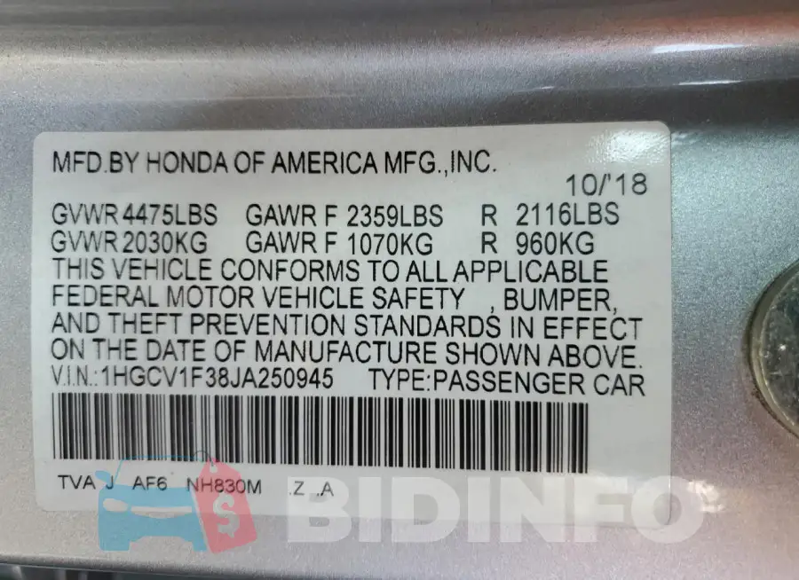 1HGCV1F38JA250945 Photo# 12