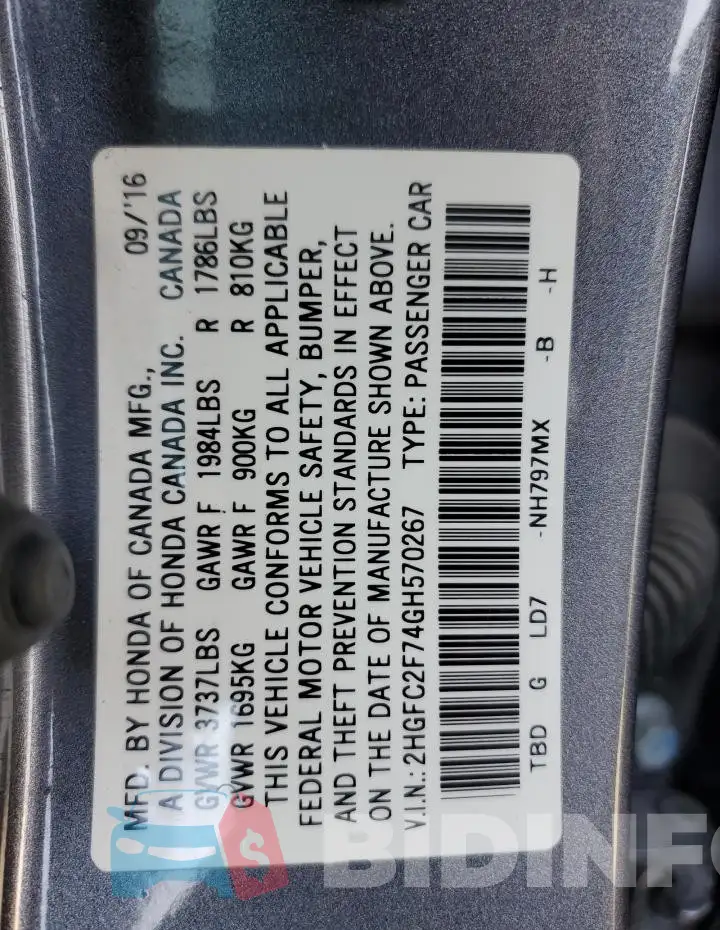 2HGFC2F74GH570267 Photo# 12