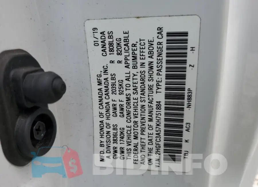 2HGFC3A57KH751884 Photo# 12