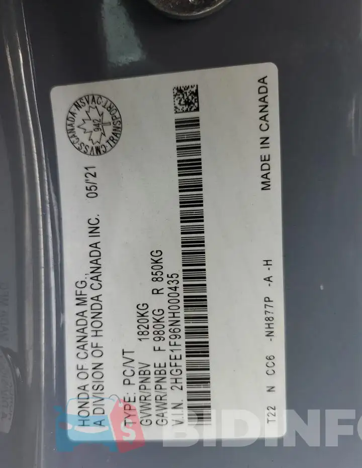 2HGFE1F96NH000435 Photo# 13