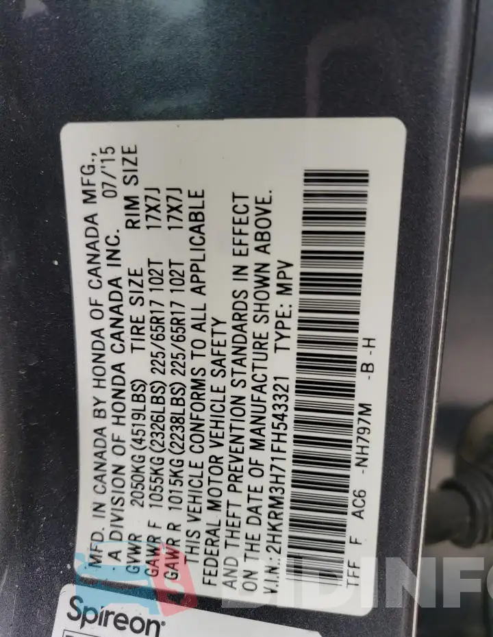 2HKRM3H71FH543321 Photo# 13