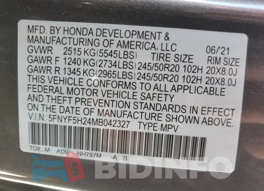 5FNYF5H24MB042327 Photo# 13