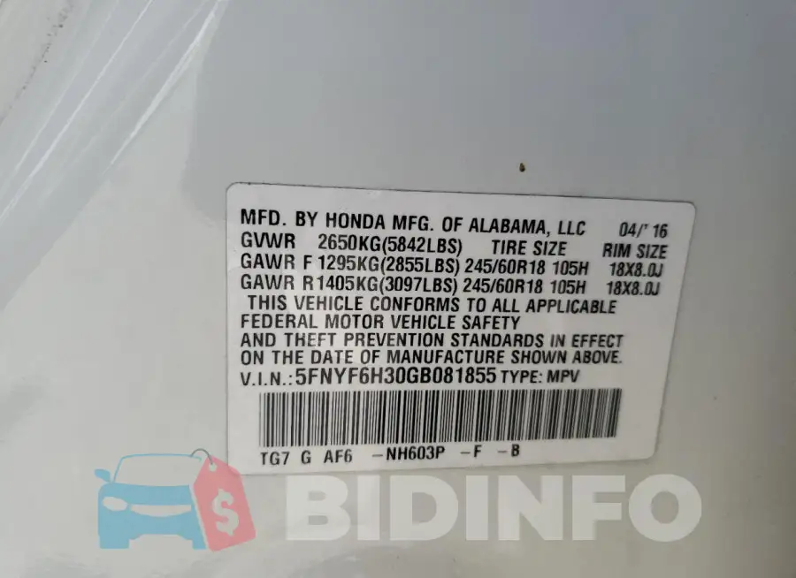 5FNYF6H30GB081855 Photo# 13