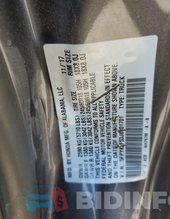 5FPYK2F53JB001701 Photo# 12