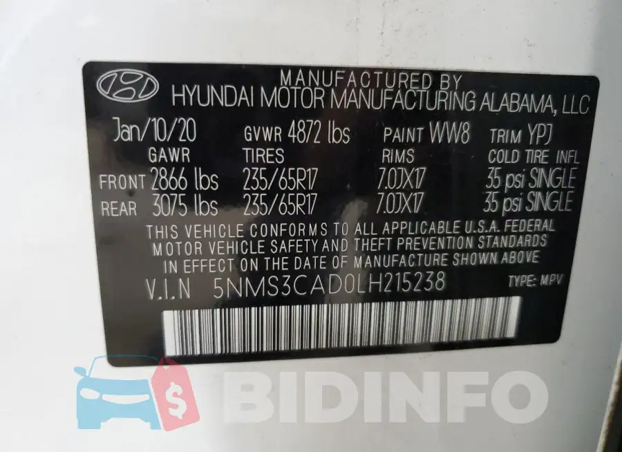 5NMS3CAD0LH215238 Photo# 14
