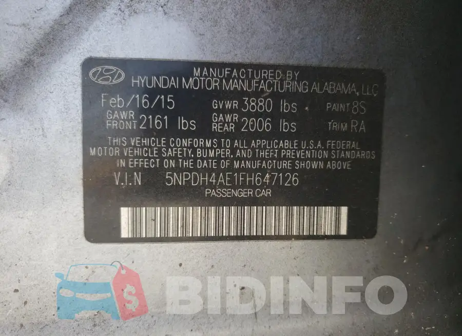 5NPDH4AE1FH647126 Photo# 12