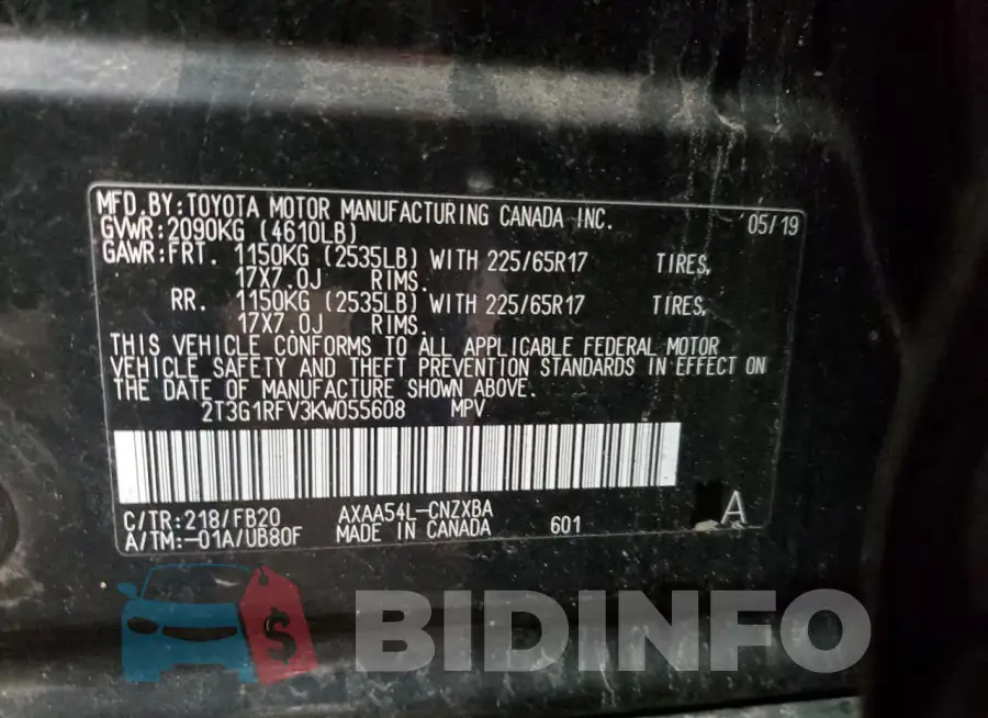 2T3G1RFV3KW055608 Photo# 13