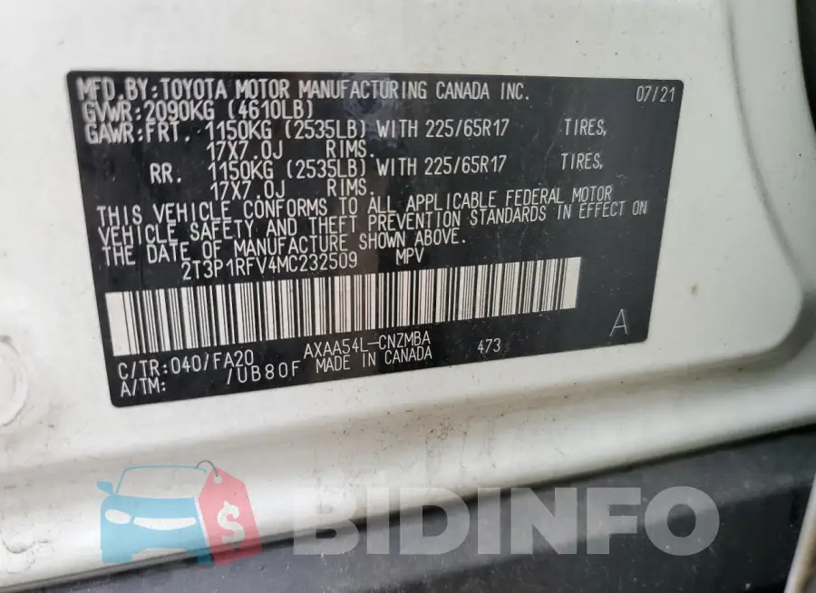 2T3P1RFV4MC232509 Photo# 13