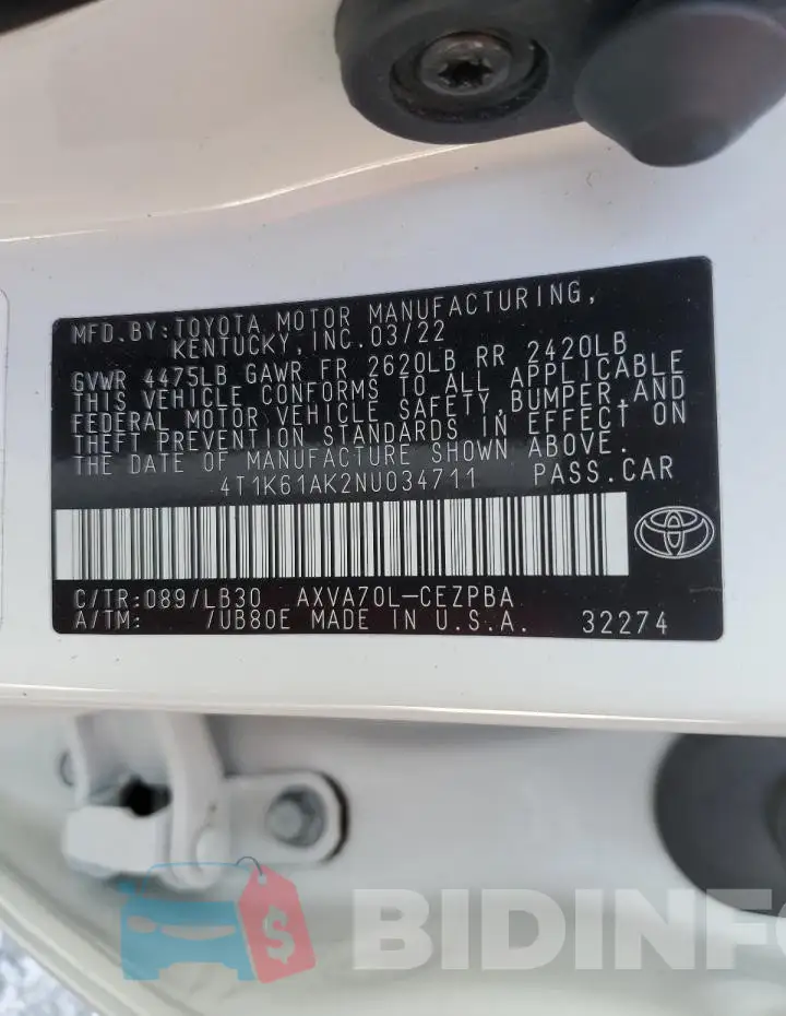 4T1K61AK2NU034711 Photo# 12